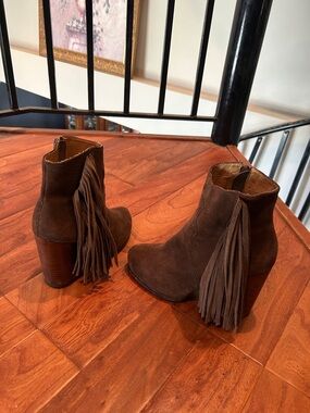 Jeffrey Campbell Prance Chocolate Brown Suede Fringe Ankle Booties Size 38